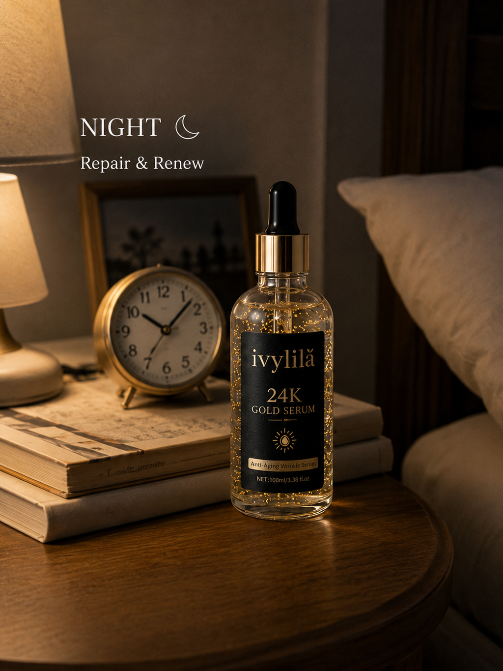 IVYLILA 24K Gold Night Serum, Repairing Anti‑Wrinkle Facial Essence 100ml