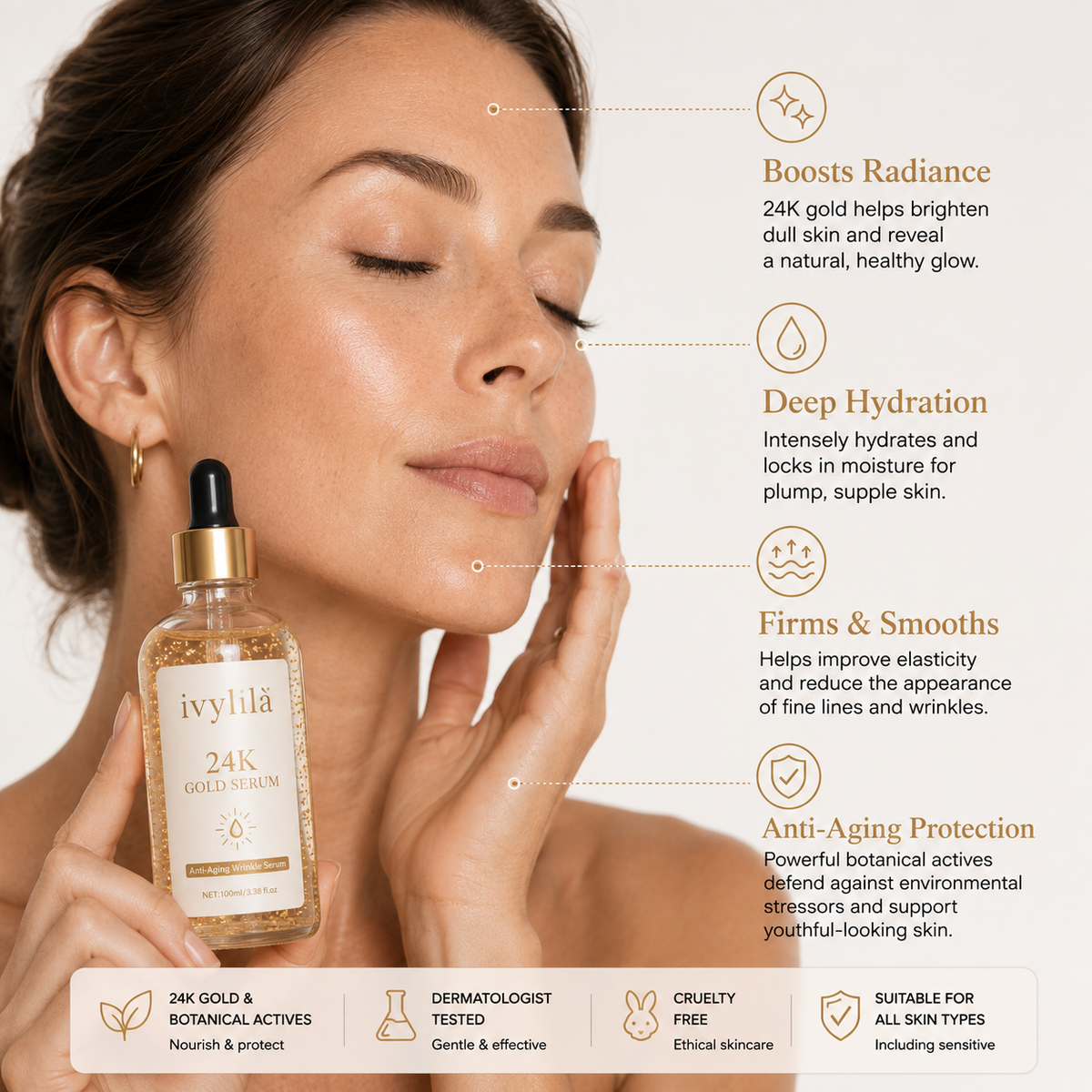 IVYLILA  24K Gold Day Serum, Moisturizing Anti‑Wrinkle Facial Essence 100ml