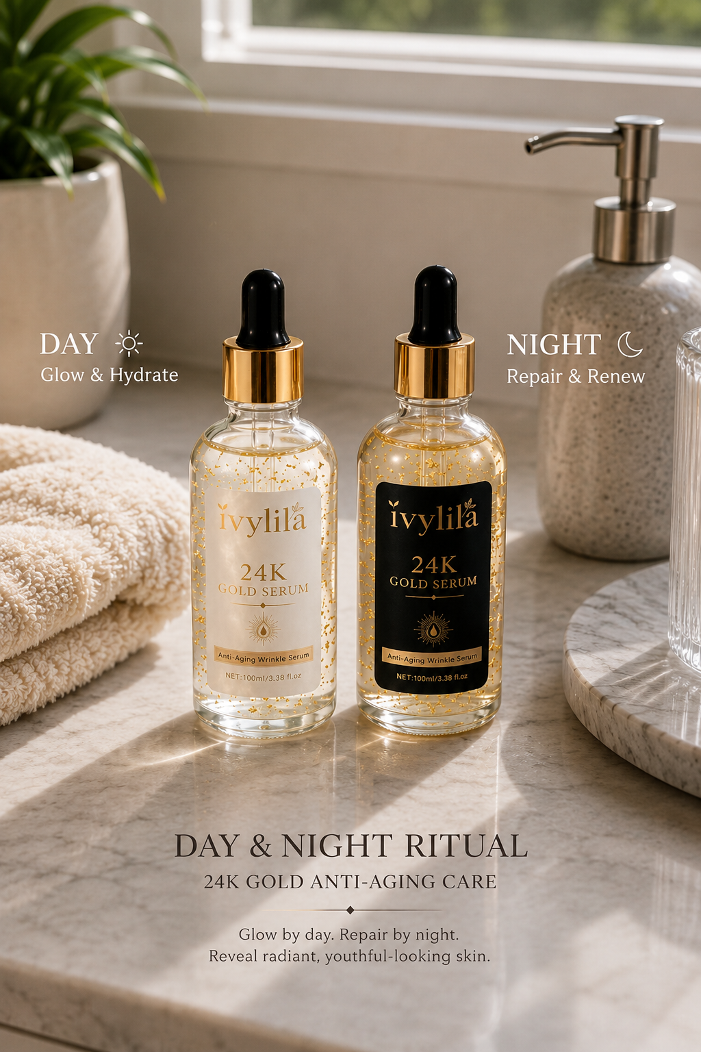 IVYLILA 24K Gold Night Serum, Repairing Anti‑Wrinkle Facial Essence 100ml